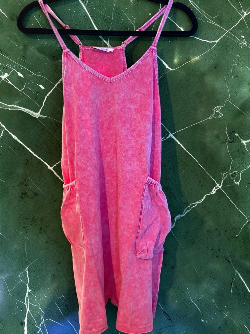Zenana Pink Acid-Wash Overall Romper. Size M